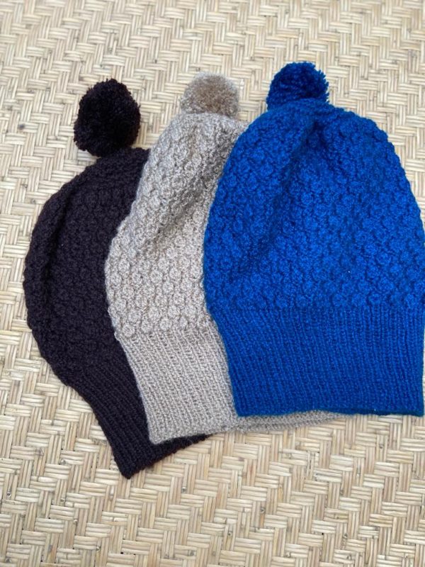 Hand knitted big cap with same colour pom pom - Blue (Code - UW223N183F)